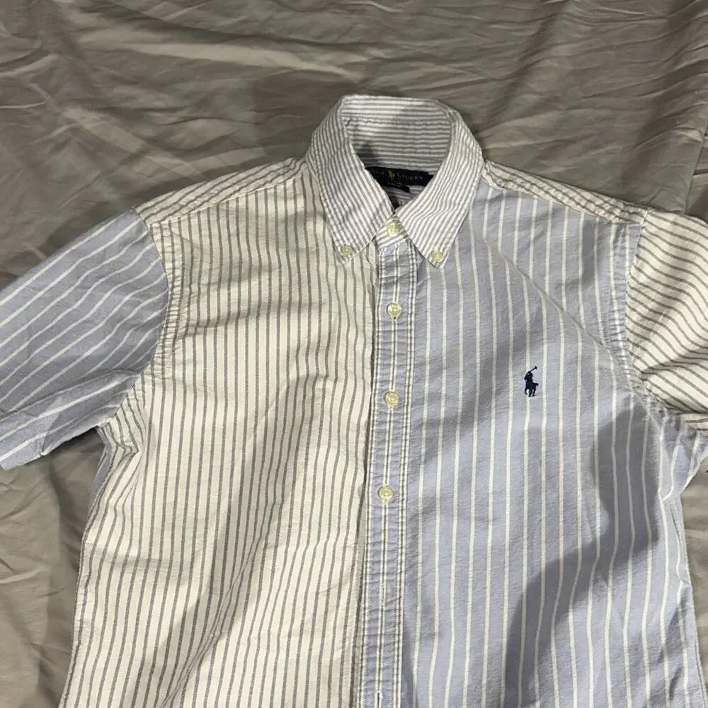 Ralph Lauren Mens Slim Fit Blue/White Striped Short Sleeve Button-Down Shirt M
